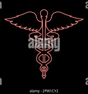 Neon caduceus health symbol asclepius's wand red color vector illustration image flat style Stock Vector