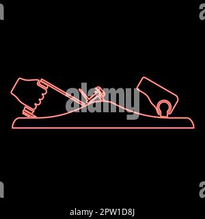Neon jointer jack plane in hand holding tool use Arm using instrument with metal red color vector illustration image flat style Stock Vector