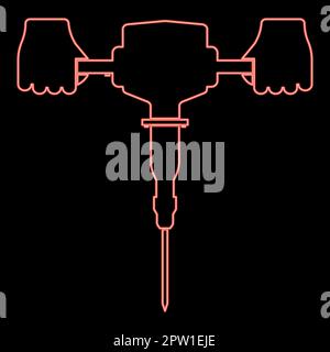 Neon jackhammer in hand holding power tool use Arm using electric instrument red color vector illustration image flat style Stock Vector
