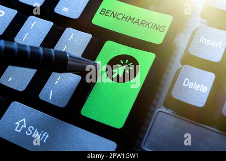 Hand writing sign Benchmarking. Concept meaning Evaluate something by ...
