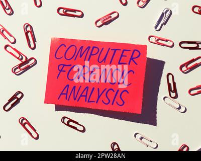 Text caption presenting Computer Forensic Analysis, Internet Concept evidence found in computers and storage media Stock Photo