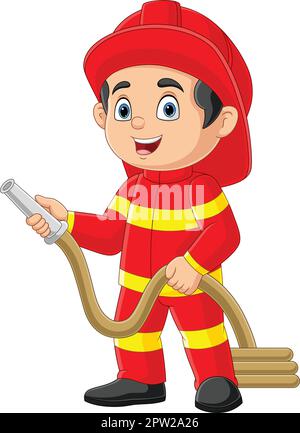 Cartoon firefighter holding a fire hose Stock Vector