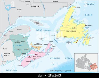 Detailed vector map of the four Canadian maritime provinces Stock Vector