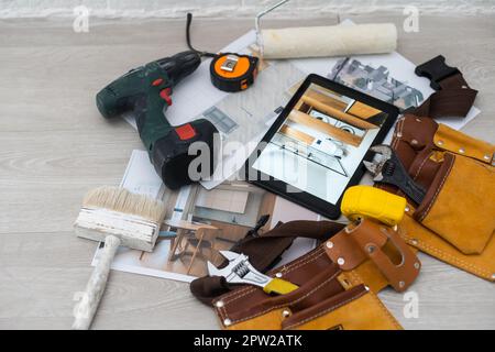 business, architecture, building, construction, drawings, tablet, tools Stock Photo