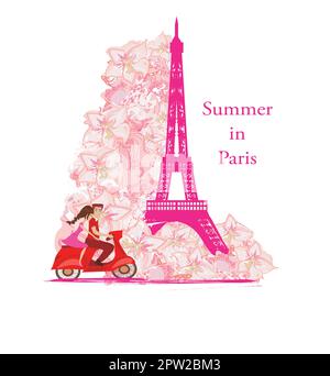 decorative floral banner - couple on vacation in Paris Stock Vector