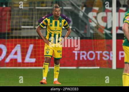 Den Haag, Netherlands. 28th Apr, 2023. DEN HAAG, NETHERLANDS - APRIL 28: Denzel Hall of ADO Den Haag is disappointed during the Dutch Keukenkampioendivisie match between ADO Den Haag and Helmond Sport at Bingoal Stadion on April 28, 2023 in Den Haag, Netherlands (Photo by Hans van der Valk/Orange Pictures) Credit: Orange Pics BV/Alamy Live News Stock Photo