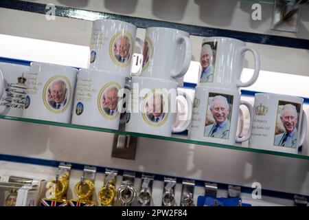 London, UK. 28th Apr 2023. Merchandise featuring King Charles III is popping up all over London in time for the coronation, which will take place on May 6th, 2023. Credit: Kiki Streitberger /Alamy Live News Stock Photo