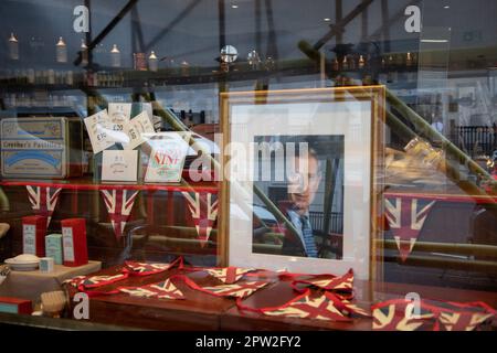 London, UK. 28th Apr 2023. An image of the King Charles III is displayed in a shop window, ahead of his coronation on May 6th, 2023. Credit: Kiki Streitberger /Alamy Live News Stock Photo