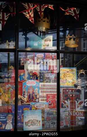 London, UK. 28th Apr 2023. As Britain is preparing for the coronation of King Charles III on May 6th, a bookshop has put on a display of related childrens' books to get  youngest Royal fans into the spirit. Credit: Kiki Streitberger /Alamy Live News Stock Photo