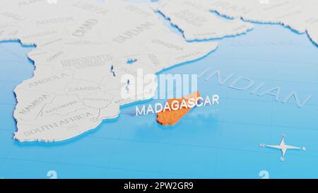 Madagascar highlighted on a white simplified 3D world map. Digital 3D render. Stock Photo