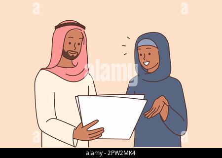 Smiling Arabic businesspeople discuss paperwork Stock Vector