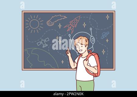Joyful boy stands near blackboard depicting universe with spaceships and planets. Vector image Stock Vector