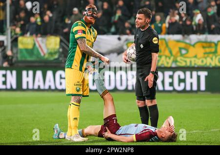 Den Haag, Netherlands. 28th Apr, 2023. DEN HAAG, NETHERLANDS - APRIL 28: Thomas Verheydt of ADO Den Haag give medical assistance to Flor van den Eyden of Helmond Sport, Referee Erwin Blank during the Dutch Keukenkampioendivisie match between ADO Den Haag and Helmond Sport at Bingoal Stadion on April 28, 2023 in Den Haag, Netherlands (Photo by Hans van der Valk/Orange Pictures) Credit: Orange Pics BV/Alamy Live News Stock Photo