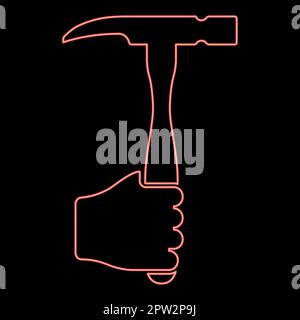 Neon hammer in hand holding tool use Arm using Working concept red color vector illustration image flat style Stock Vector