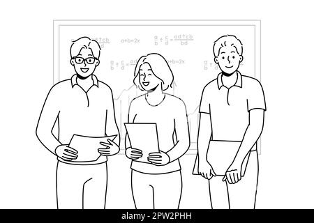 Smiling students with documents standing near board presenting in classroom. Happy pupils with paperwork make presentation in school. Vector illustrat Stock Photo