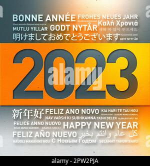 Happy new year 2023 greetings card from the world in different languages Stock Photo
