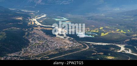 Aerial landscape of Jasper town with Athabasca river and Beauvert Lake, Jasper national park, Canada. Stock Photo