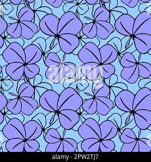 seamless asymmetrical pattern of clover leaves in blue tones and black contouros, design, texture Stock Photo