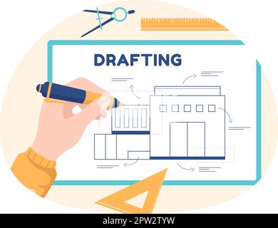 Drafting, Engineer or Architect Working on Drawing Board Projecting and Draft in Flat Cartoon Hand Drawn Templates Illustration Stock Vector