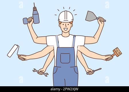 Smiling repairman with numerous hands holding tools Stock Vector