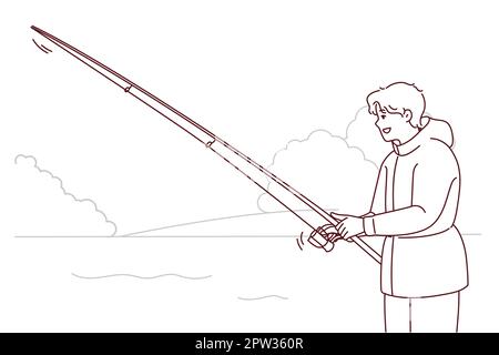 Smiling man with fishing rod outdoors Stock Vector