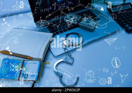 Quantitative analyst is drawing different math formulas on the glass ...