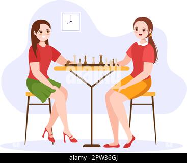 Chess Board Game Illustration with People Sitting Opposite and Playing for Web Banner or Landing Page in Cartoon Hand Drawn Templates Illustration Stock Vector