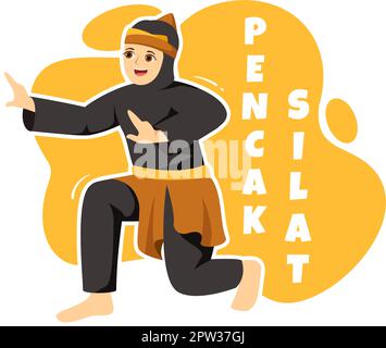 Pencak Silat Sport Illustration with People Pose Martial Artist from Indonesia for Web Banner or Landing Page in Flat Cartoon Hand Drawn Templates Stock Vector