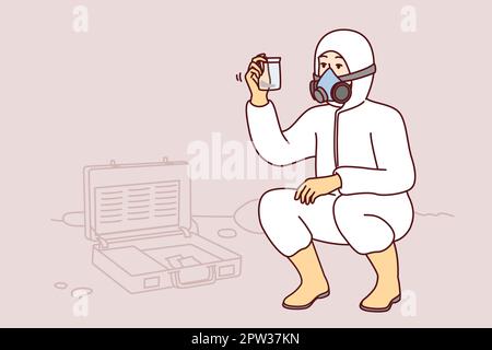 Specialist in chemical protection suit takes sample of earth for further study. Vector image Stock Vector