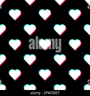Black seamless pattern with heart glitch effect Stock Vector