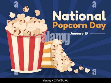 National Popcorn Day on January 19th with a Big Box of Red and White Stripe in Flat Cartoon Background Hand Drawn Templates Illustration Stock Photo