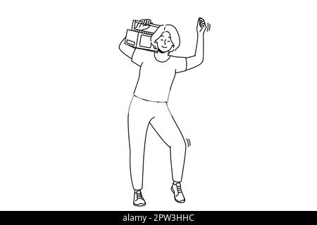 Overjoyed young woman with stereo on shoulder dancing and having fun. Smiling girl enjoy music on boombox device. Vector illustration. Stock Photo