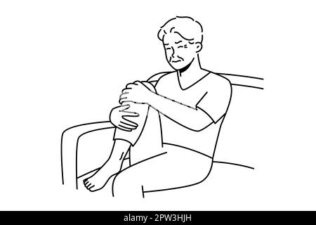 Unhealthy old man sit on couch suffer from knee pain. Unwell sick elderly grandfather struggle with rheumatism. Vector illustration. Stock Photo