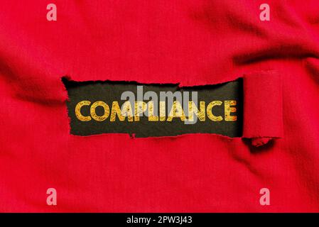 Text sign showing Compliance, Business overview the action or fact of complying with a wish or commands Stock Photo