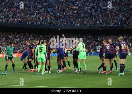 BRCELONA, SPAIN - APRIL 27: players of FC Barcelona celebrate after the Semifinal 2nd Leg - UEFA Women's Champions League match between FC Barcelona and Chelsea FC at  Camp Nou Stadium on April 27, 2023 in Brcelona, Spain Stock Photo