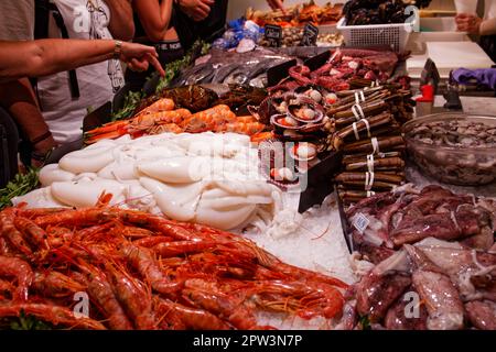 Fresh seafood at a local market in Barcelona, Catalonia, Spain Stock Photo