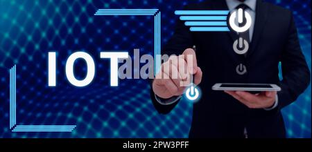 Hand writing sign Iot, Word for internet of things transfer data to network without need humantohuman Stock Photo