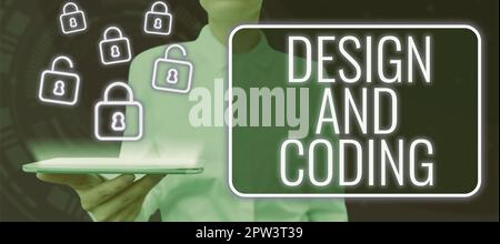 Hand writing sign Design And Coding, Internet Concept HTML and programming, Cross platform development website Stock Photo