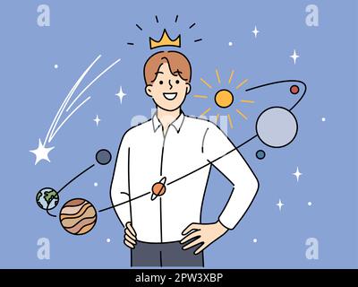 Confident young man in crown stand in center of universe feeling narcissist. Successful male with planets around feel self-love and confidence. Vector Stock Photo