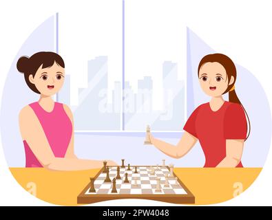 Chess Board Game Illustration with People Sitting Opposite and Playing for Web Banner or Landing Page in Cartoon Hand Drawn Templates Illustration Stock Vector