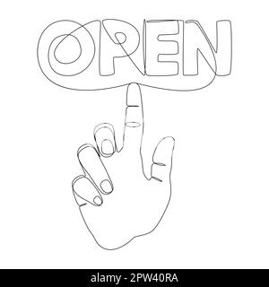 One continuous line of index finger pointng at Open word. Stock Vector