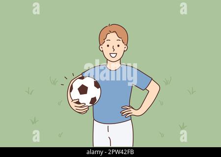 A young smiling boy stands holding a soccer ball Stock Vector