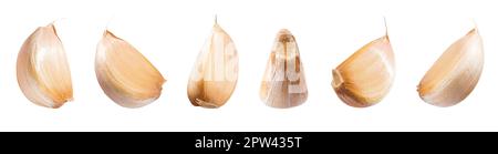 Falling peeled garlic cloves isolated on white background with clipping path. Food and spices objects for design. Spicy and fragrant seasoning concept Stock Photo