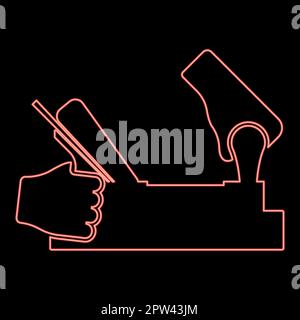 Neon jointer jack plane in hand holding tool use Arm using instrument with wood red color vector illustration image flat style Stock Vector