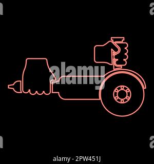 Neon surface grinder in hand tool in use Arm Electric circular saw angle with discs hand-held Bulgarian Polisher sander machine for treatment cutting red color vector illustration image flat style Stock Vector