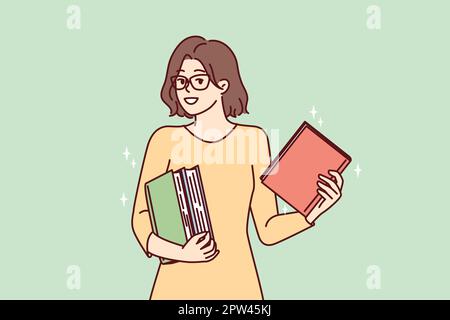 Smart young woman stands holds several books in hands choosing literature for reading. Vector image Stock Vector