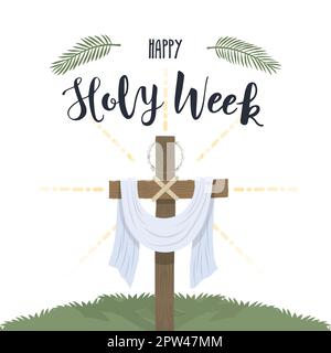 Holy Week. The glorious cross with white cloth and crown of thorns Stock Vector