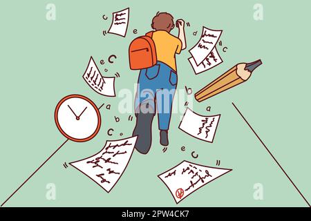Boy child with backpack running to classroom miss deadline. Kid rush at school being late for lesson. Education problem. Vector illustration. Stock Photo