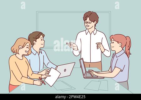 Successful people working in modern startup listening to colleagues presentation. Vector image Stock Vector