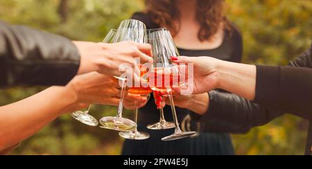 Crop anonymous female friends toasting with glasses of red wine during outdoor party in evening in countryside Stock Photo
